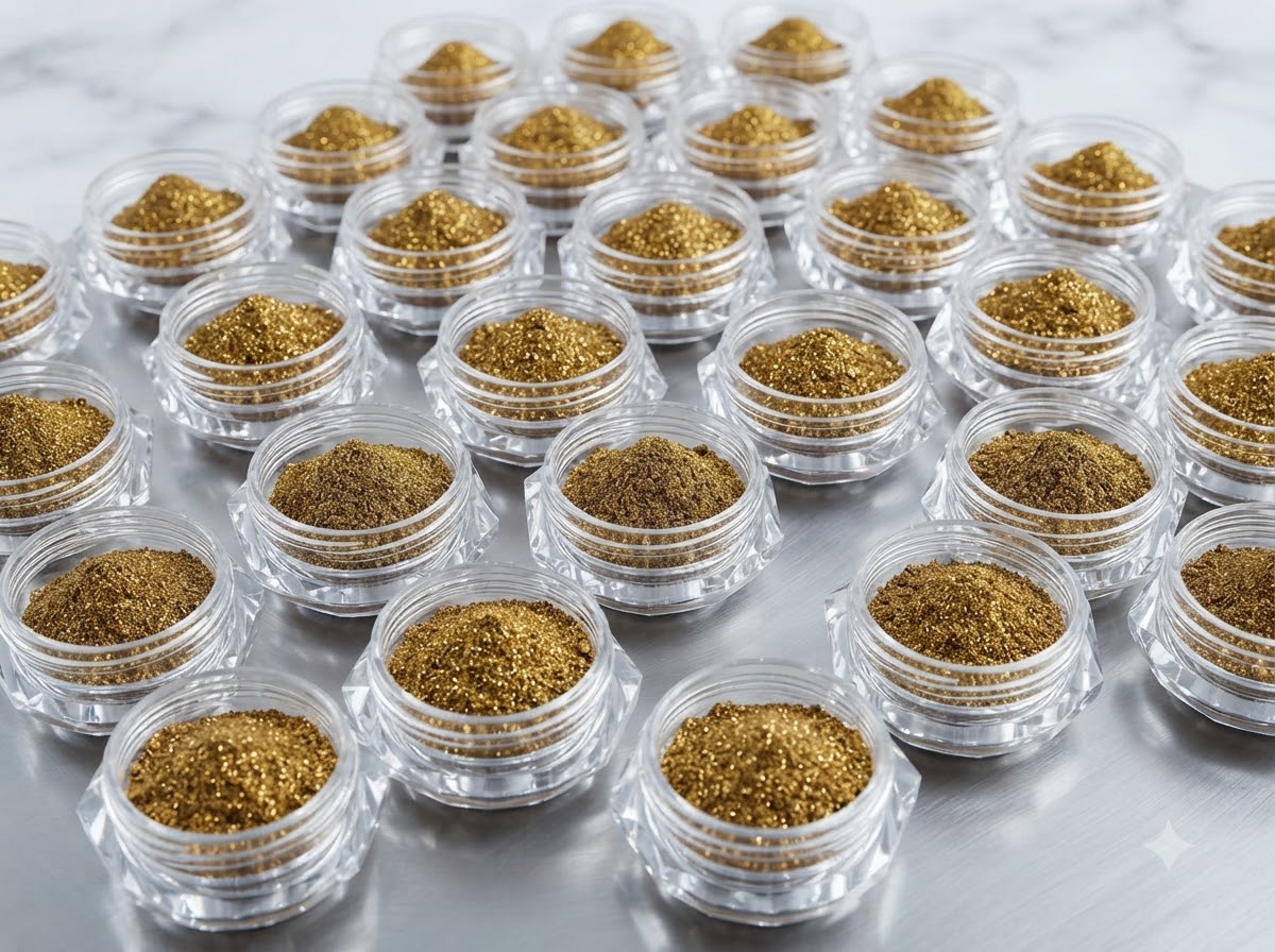 A close-up view of a tool gathering a fresh scoop of bronze mirror powder from a large bulk container.