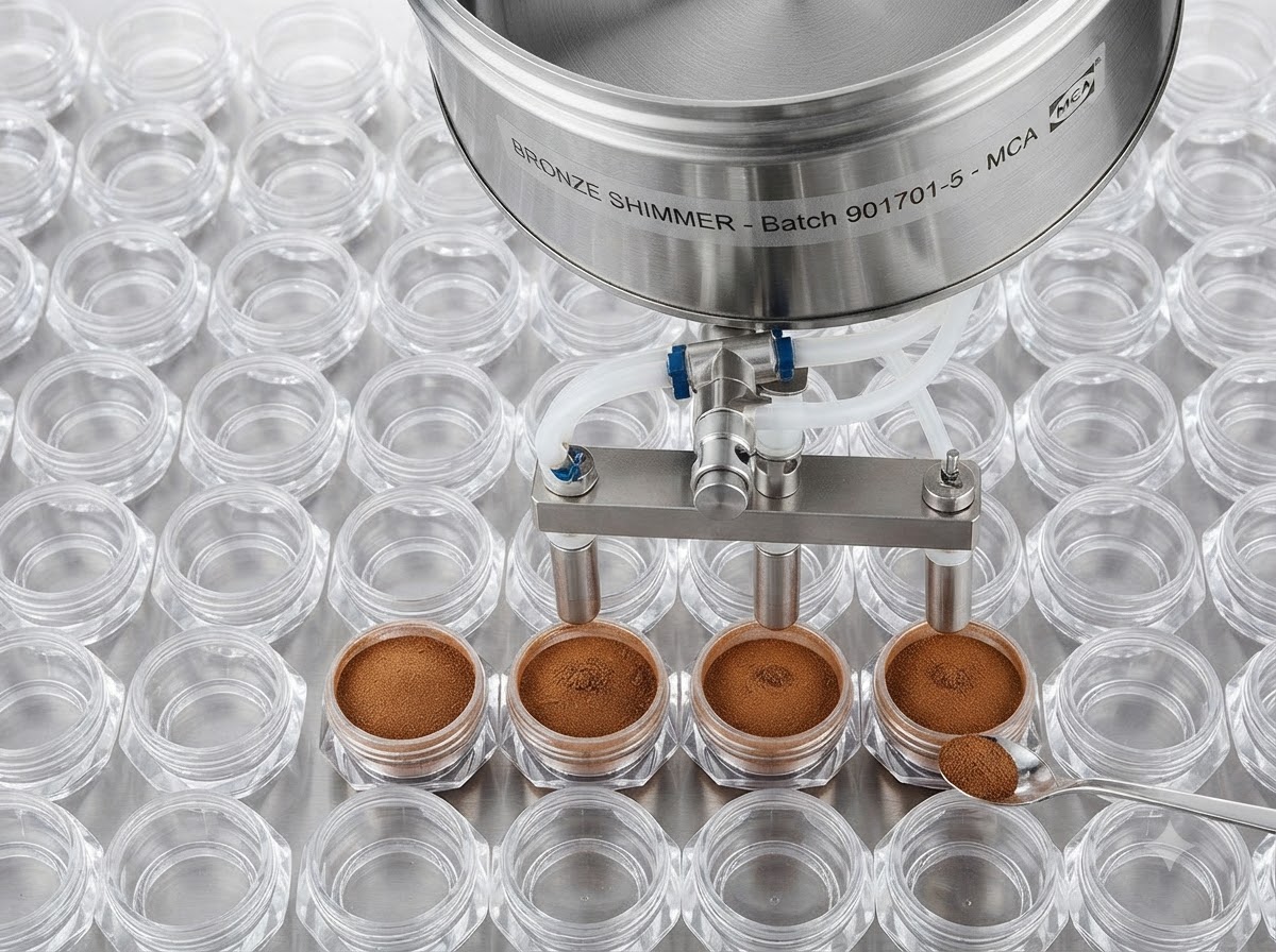 A mechanical powder filling station dispensing bronze mirror powder into a grid of small open plastic jars.