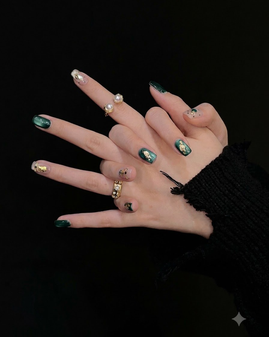 Close-up of fingers displaying the magnetic shimmer of emerald green cat eye gel.