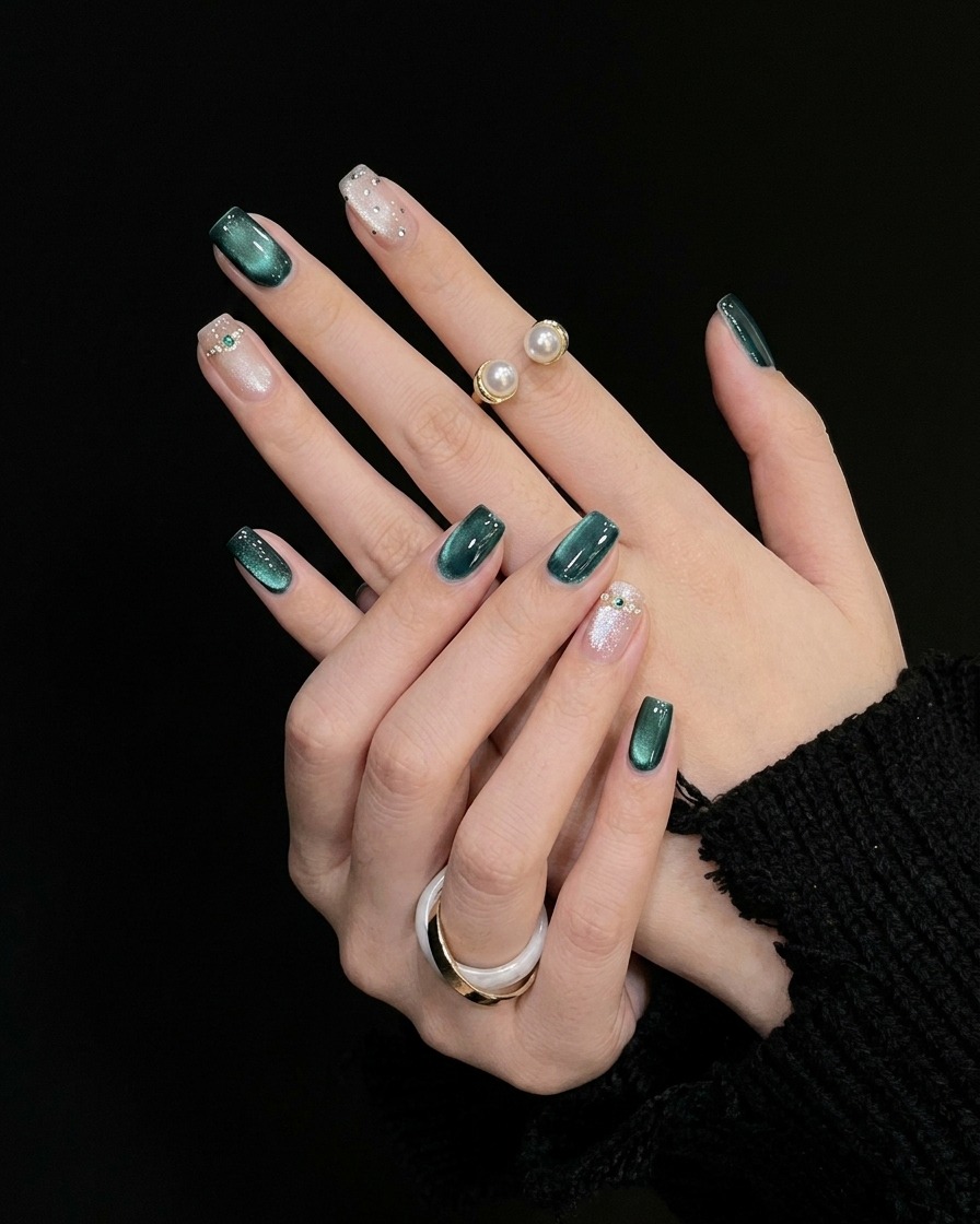 A close-up framing the thumb and index finger showing a sharp contrast between shimmering light glitter and dark emerald cat eye gel.