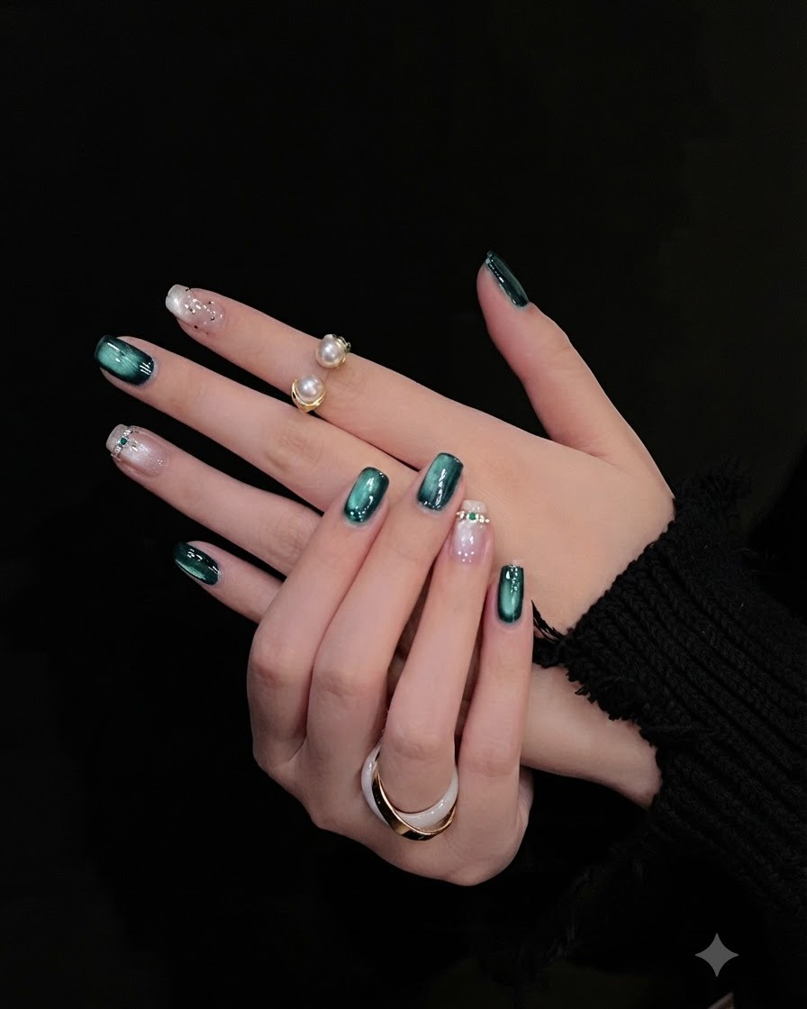 A side profile shot emphasizing the high gloss shine and smooth curvature of the polished nails under bright studio lights.