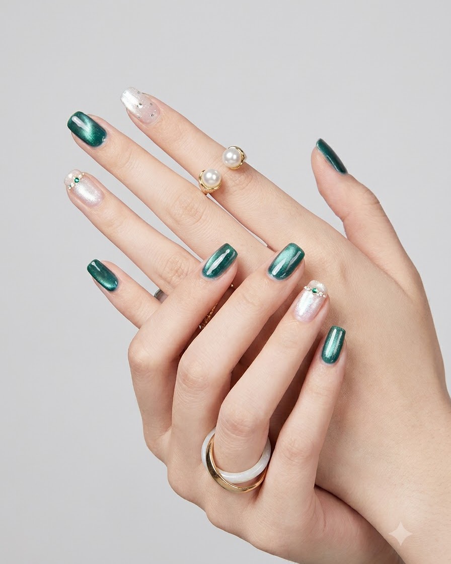 A hand gesture displaying pearl-embedded statement rings that match the pearl accents on the manicure.