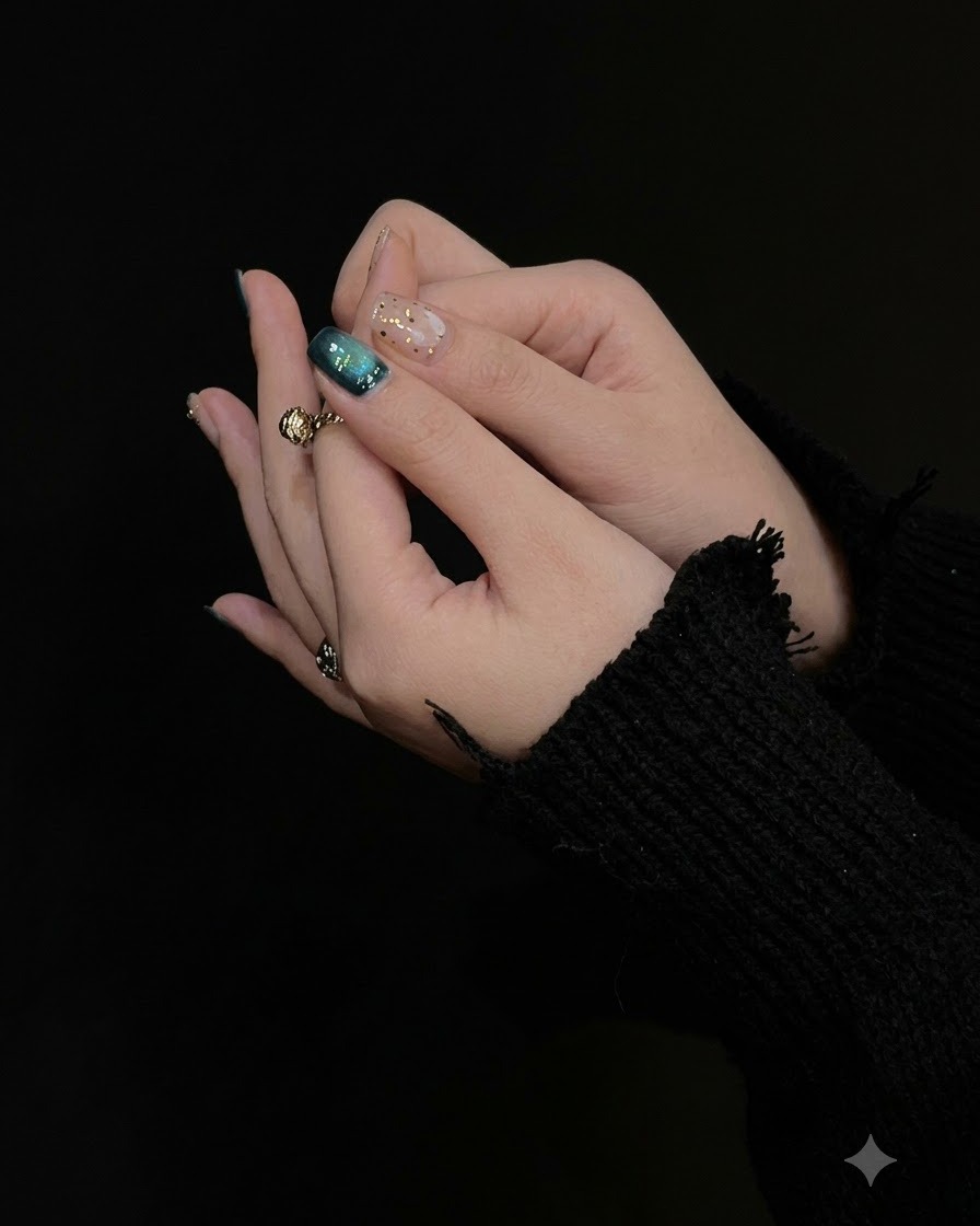 Fingers interlaced showing deep greens and neutral sparkles together.