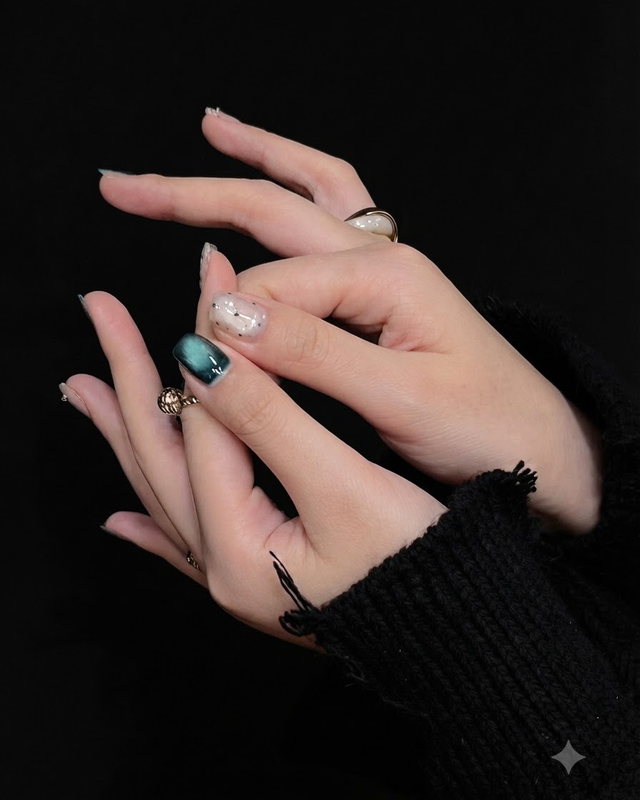 Detailed close-up shot of the finished nail surface finish and cat eye dimension.