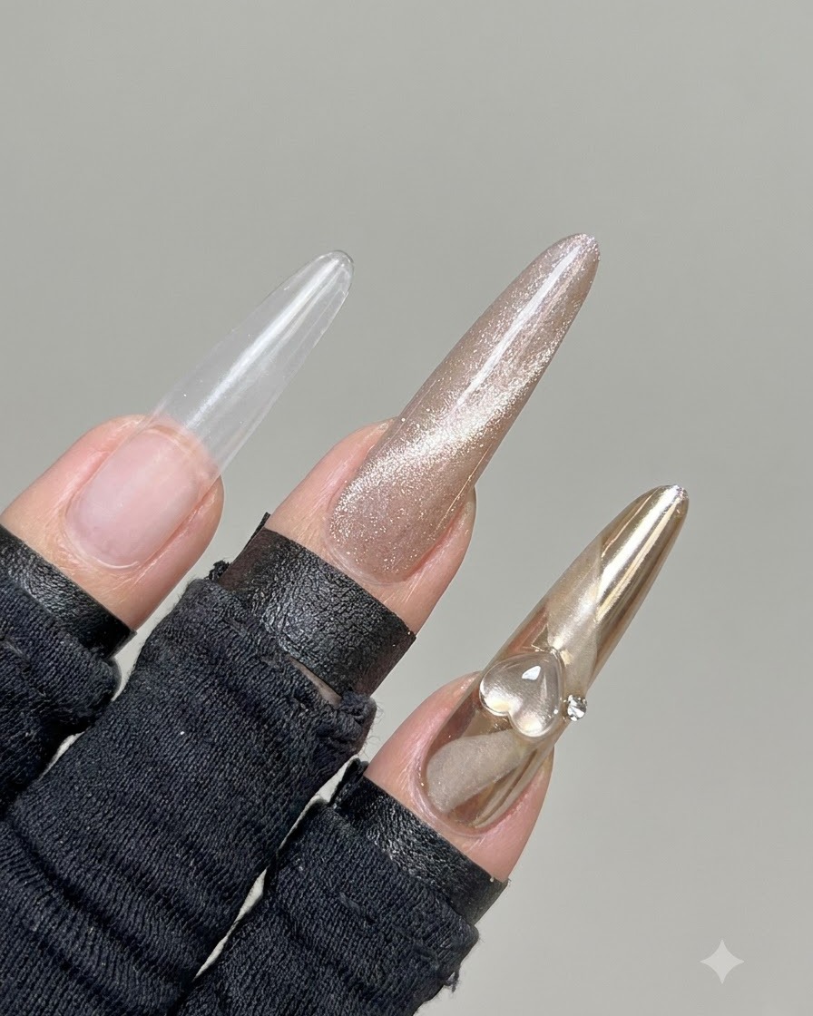 A hand holding a magnet across a glossy cat eye gel nail to form a wide light reflection.