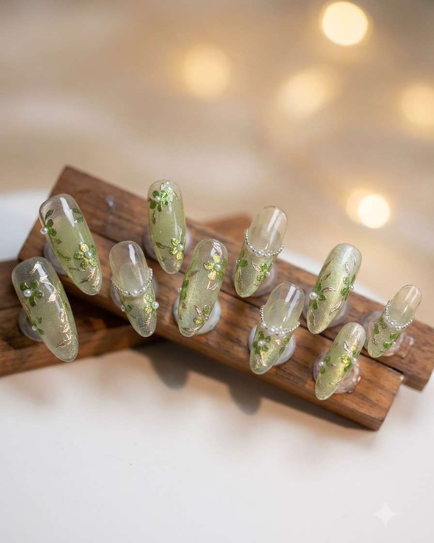 A close-up view of translucent green jelly press-on nails with embedded leaves under warm lighting.