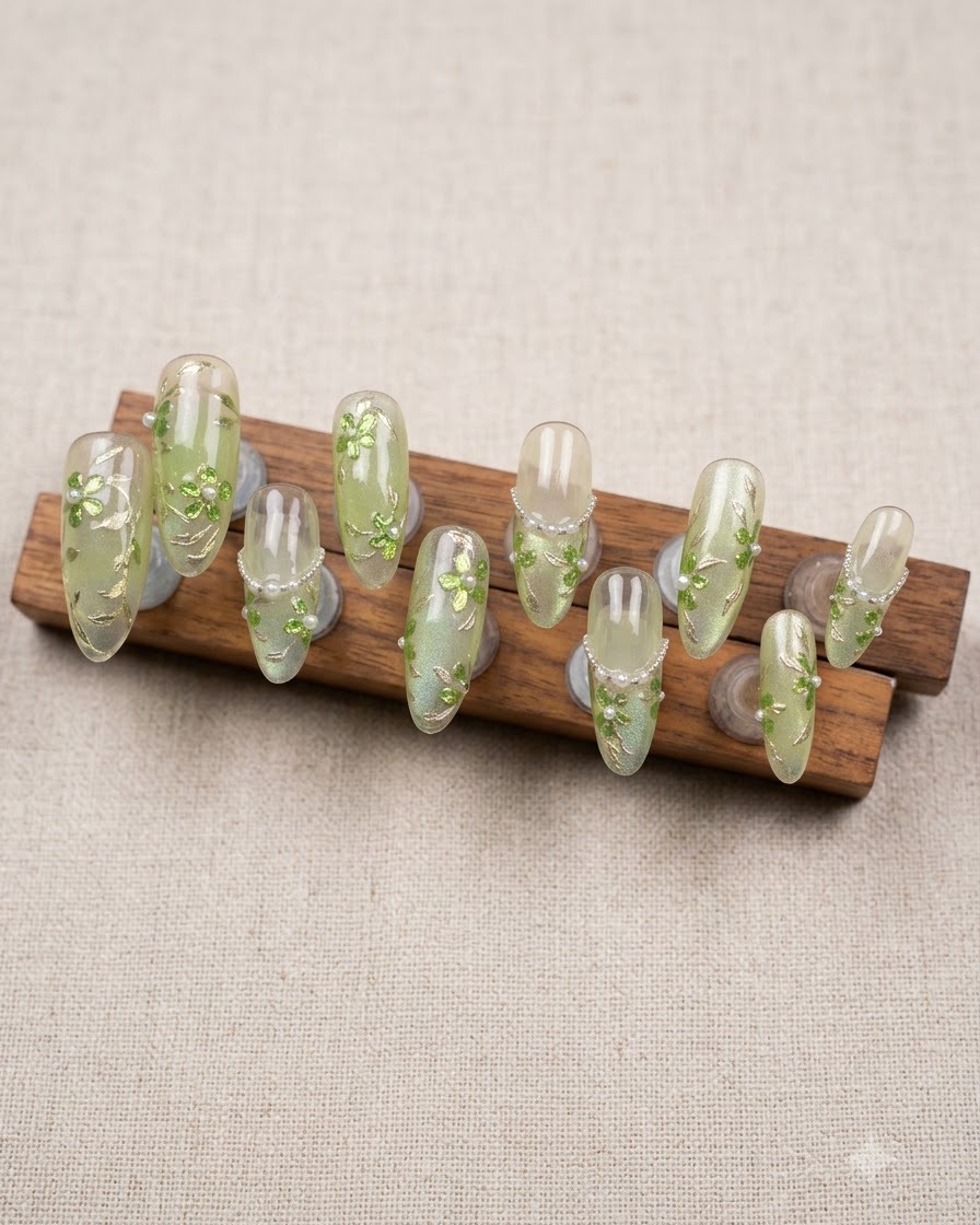 A detailed shot of the middle section of the nail stand showing silver beaded chains and miniature flowers.