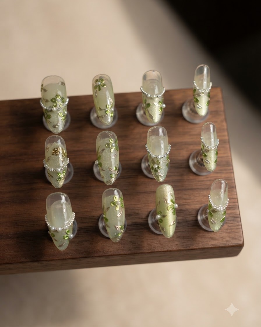 A close-up angle of the right side of the nail stand featuring gradient green tones and gold foil accents.
