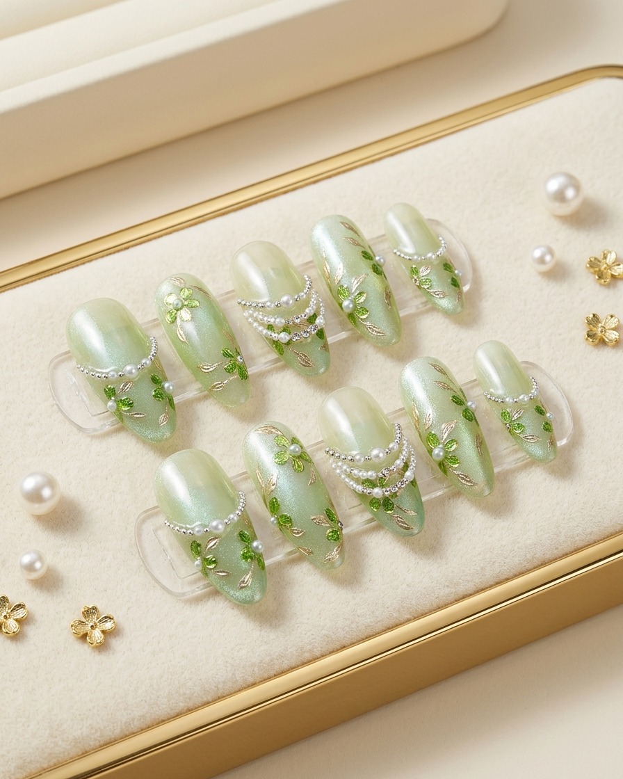 A panning view emphasizing the glossy top coat and uniform almond shape of the green press-on nails.