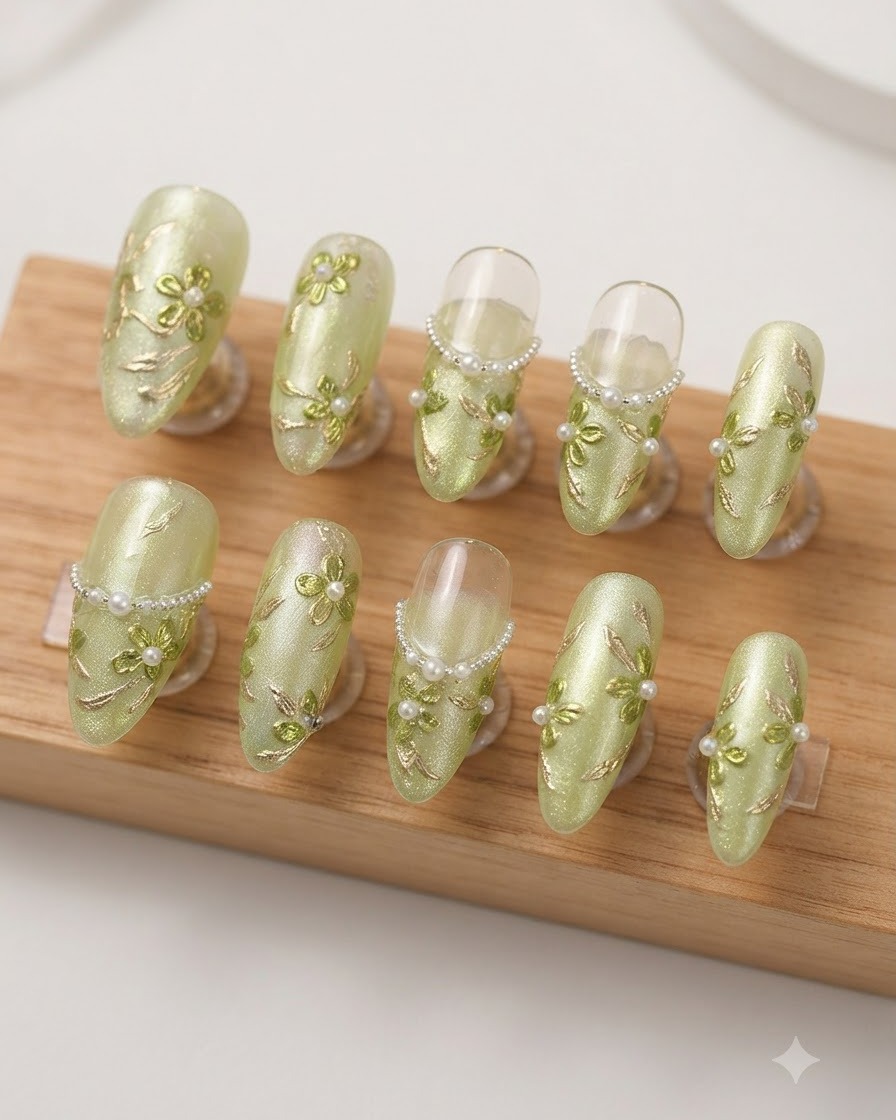 A detailed shot of the lower press-on display highlighting tiny green petals and clear gel structure.