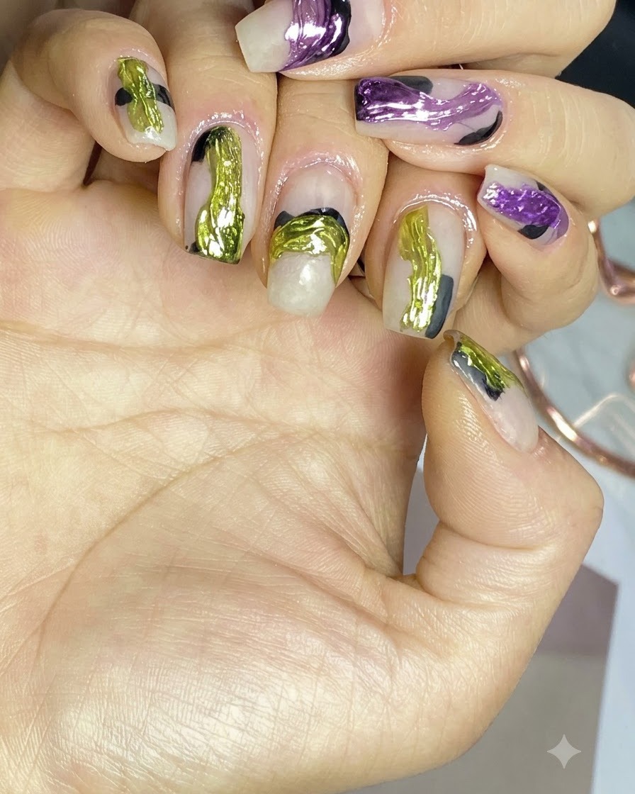 Nails with translucent nude base curing under a nail lamp.