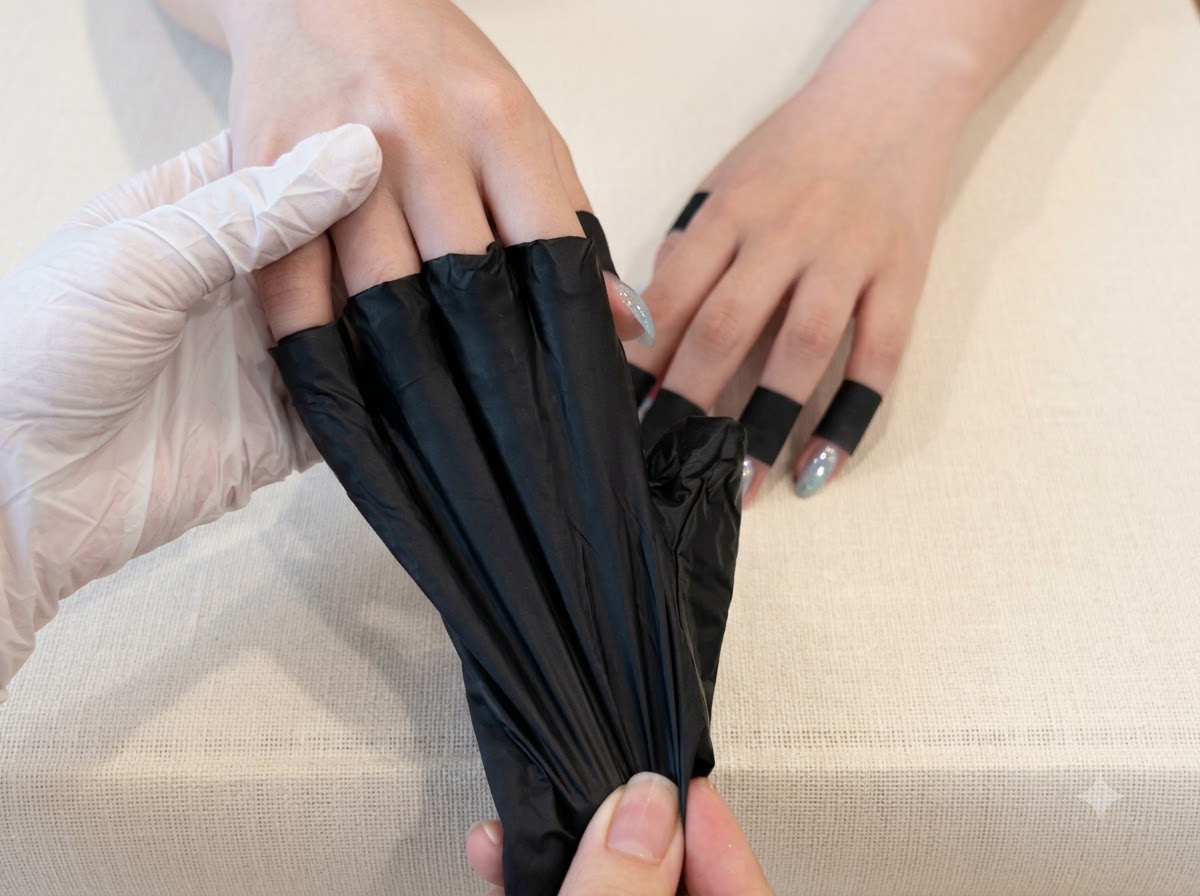 A white-gloved hand removing black finger covers to expose mint chrome gel nails.