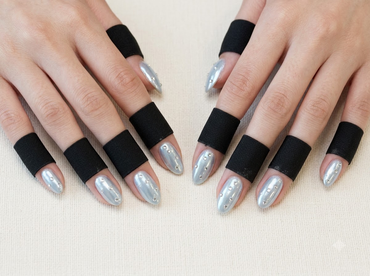 Hands slightly angled under bright light highlighting pearl details on glossy light green chrome nails.