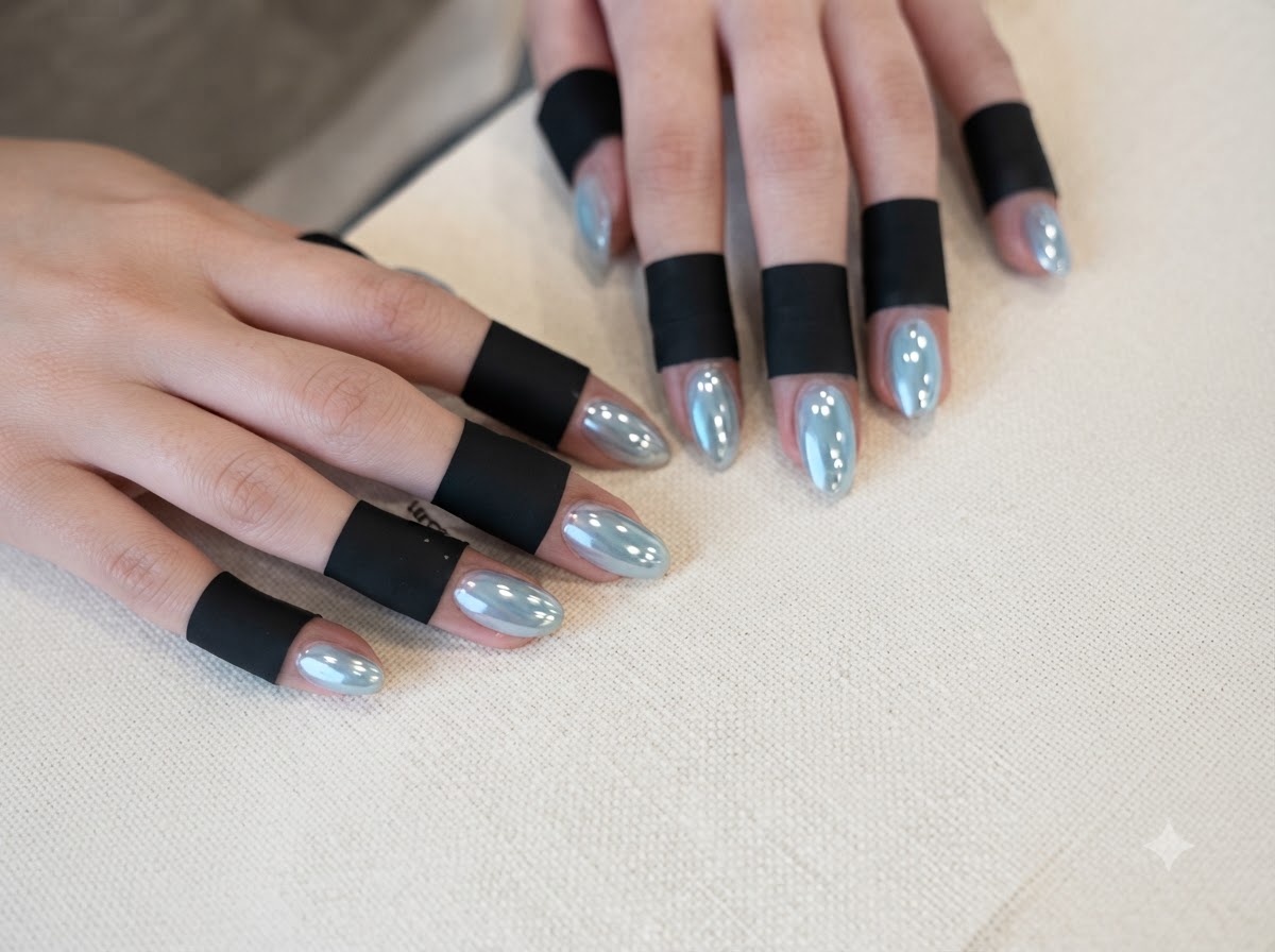 Hands held steady on a textured surface showcasing uniform almond-shaped mint chrome nails.