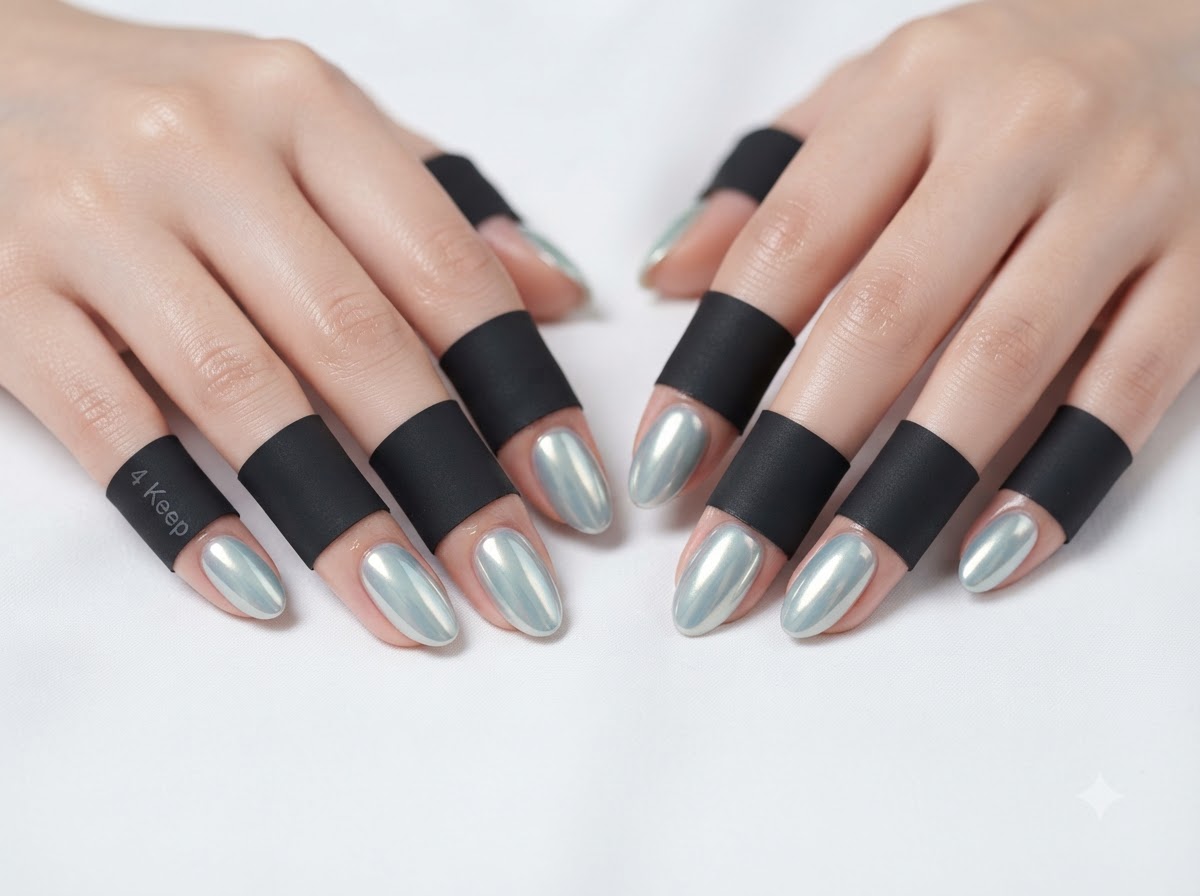 Close-up view focusing on the left hands pearl embellishments and mint chrome polish sheen.