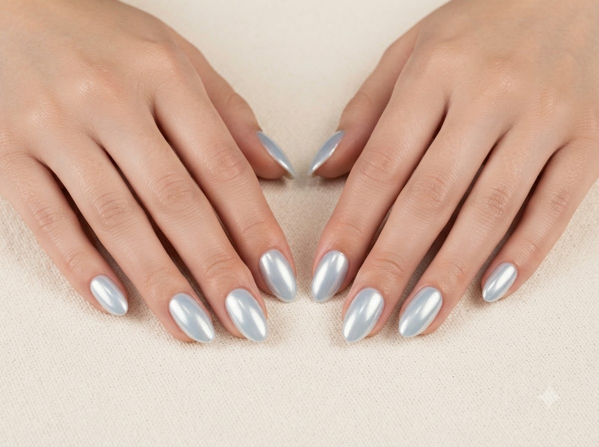 A close-up view of the right hand resting on a surface, displaying the shape and smooth texture of the manicured nails.