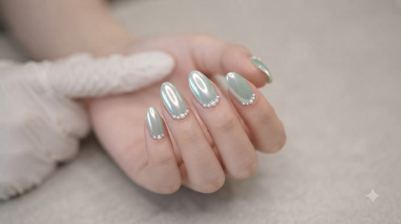 Mint Mambo Chrome Aurora Gel Nails with Pearl Embellishments
