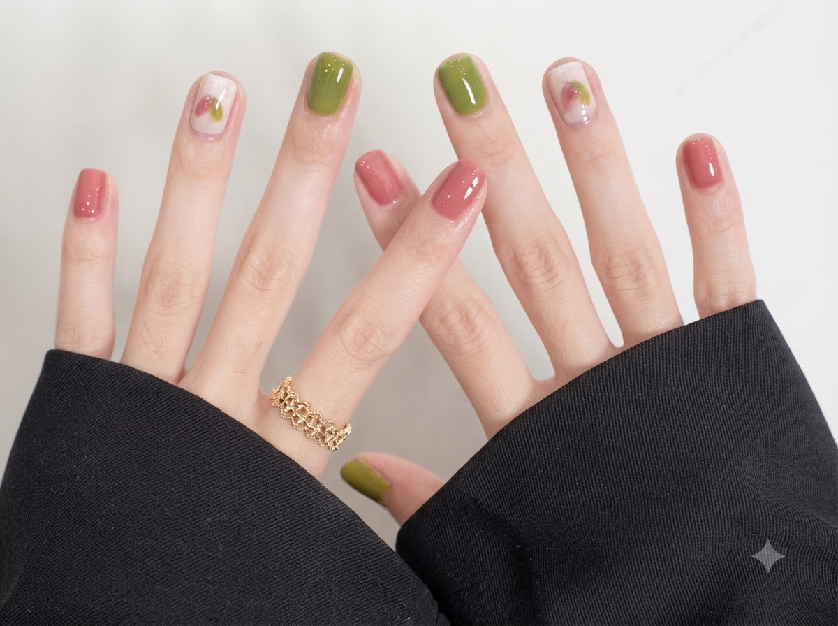 A close-up view of short rounded nails styled with alternating sage green and soft pink glossy gel polish.