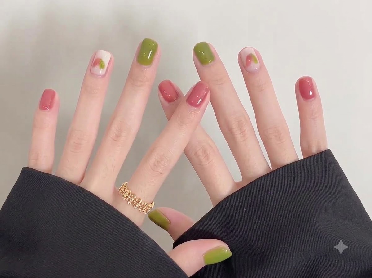 Both hands crossed over each other, displaying a smooth glossy finish on the green and pink color-blocked nails.
