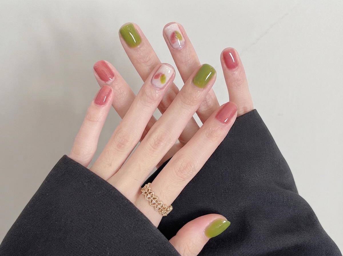A close-up shot of hands with short square nails featuring green and pink gel polish and a delicate gold ring.