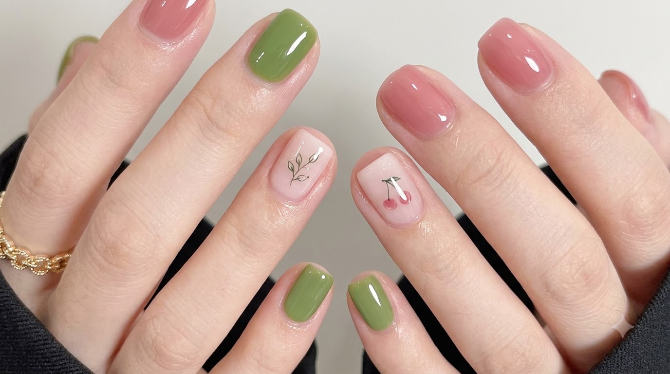 Green and Pink Doodle Short Nail Art — Step-by-Step Tutorial