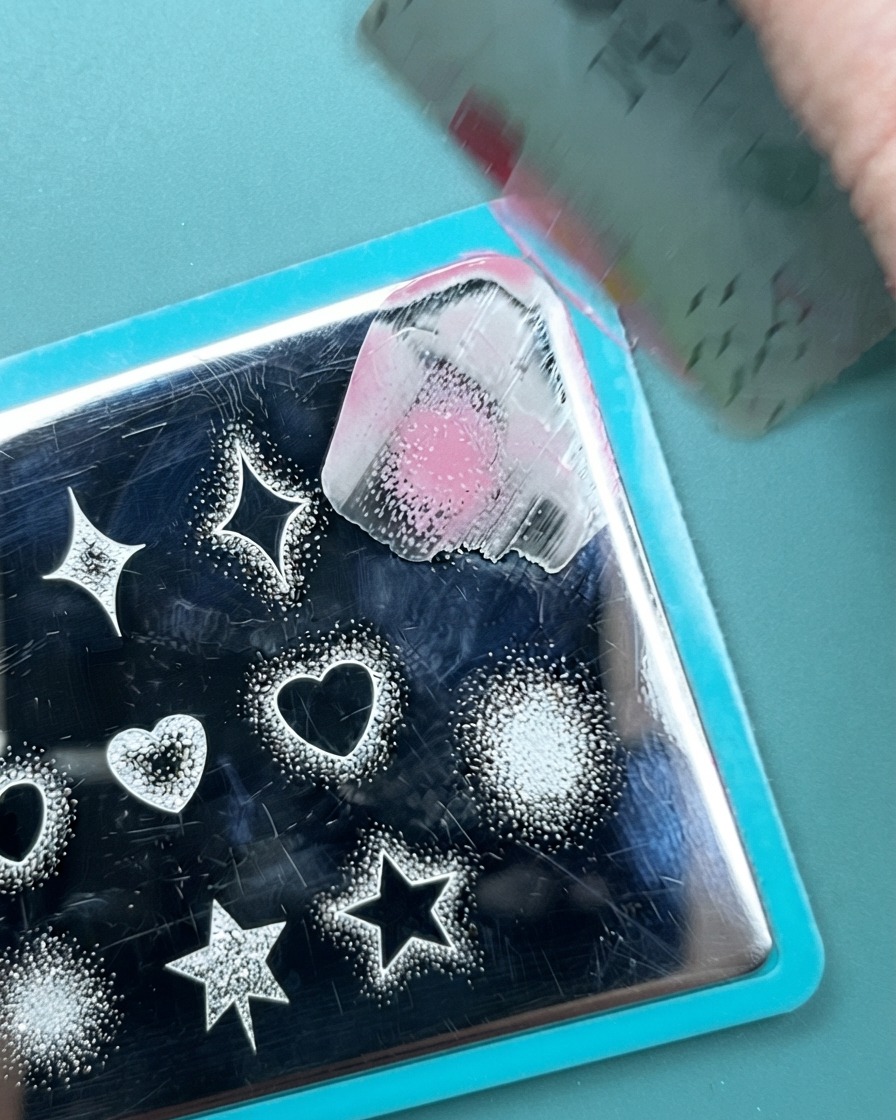 A silicone nail stamper pressing a pink gradient dot pattern onto a neon green painted nail.