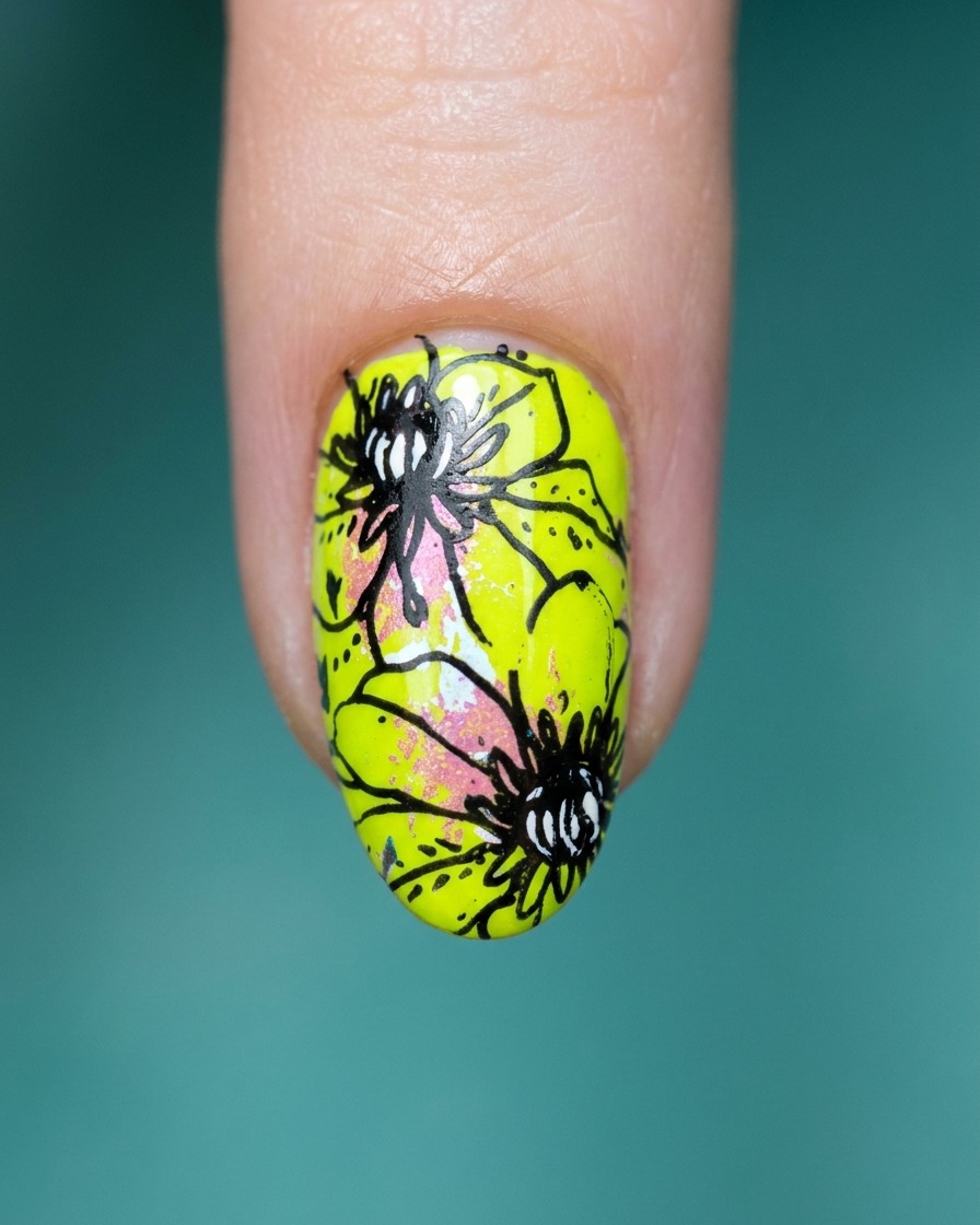A clear top coat brush gliding over the completed neon green and floral nail art design.