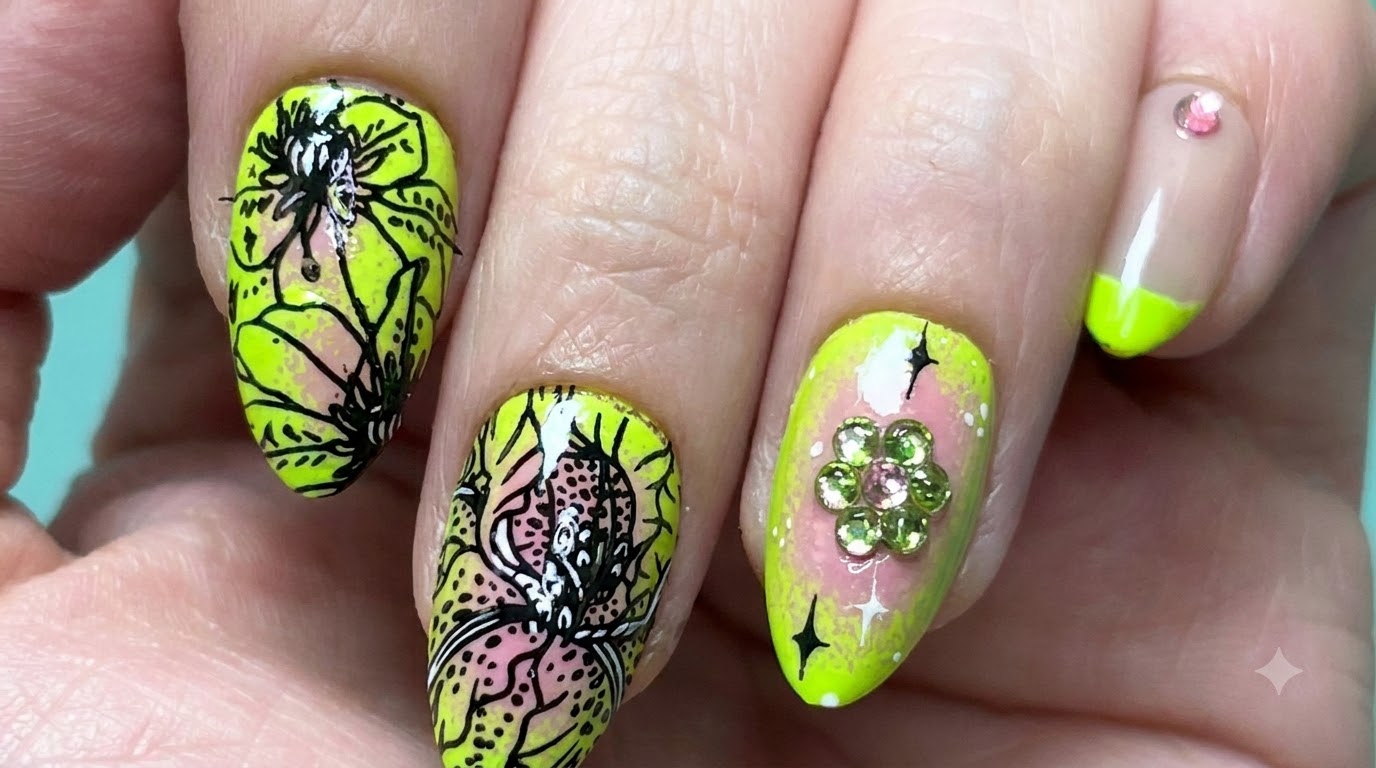 Neon Green & Pink Gradient Floral Nail Art Tutorial
