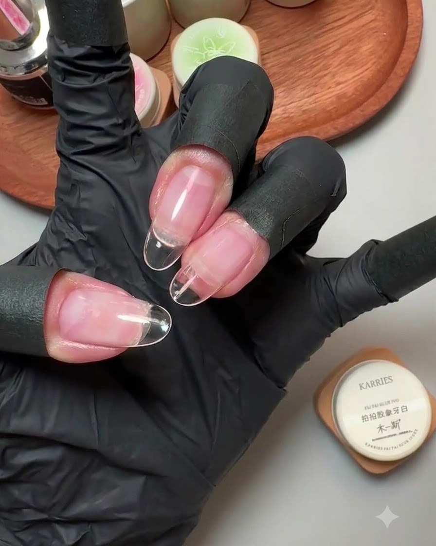 A gloved hand holding a jar of ivory solid gel, showing clear false nails attached with transition lines.