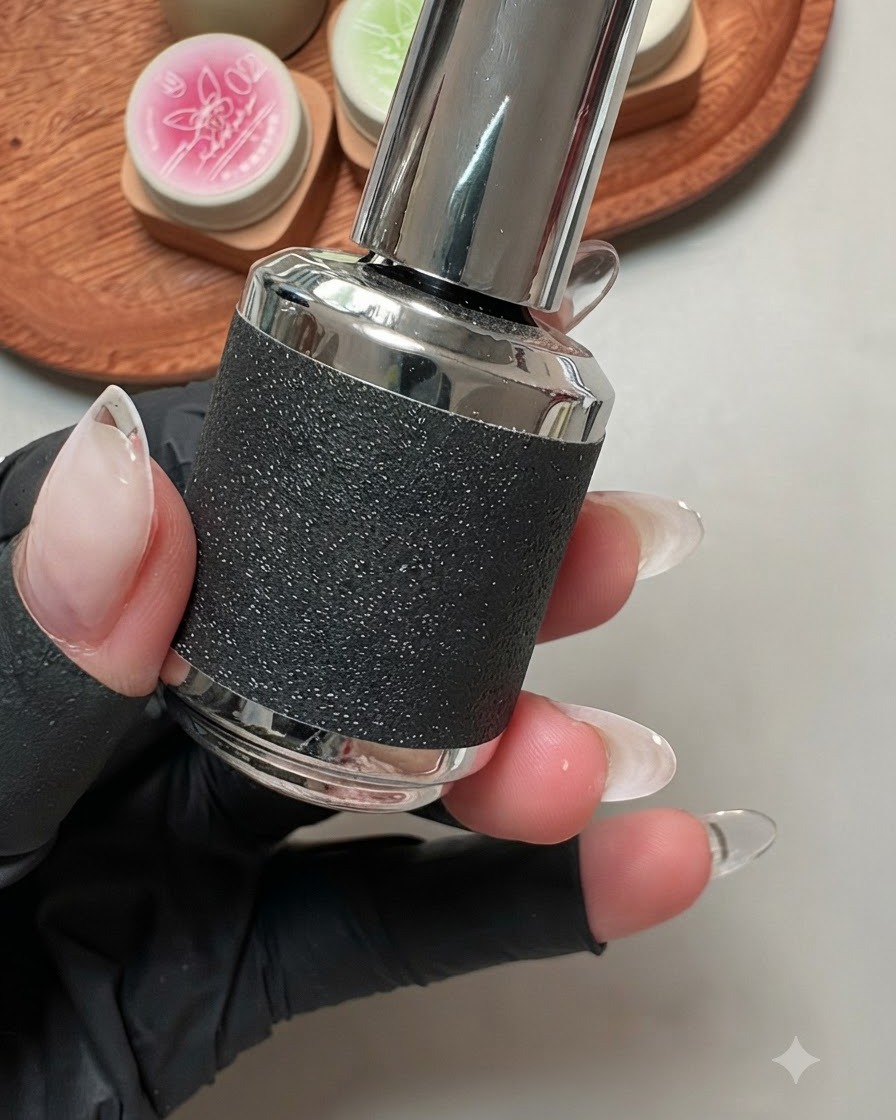 A close-up shot of a hand holding a bottle of thick glitter cat-eye gel polish.