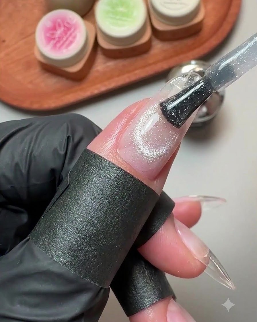 A brush applying silver glitter cat-eye gel onto an extended nail plate.