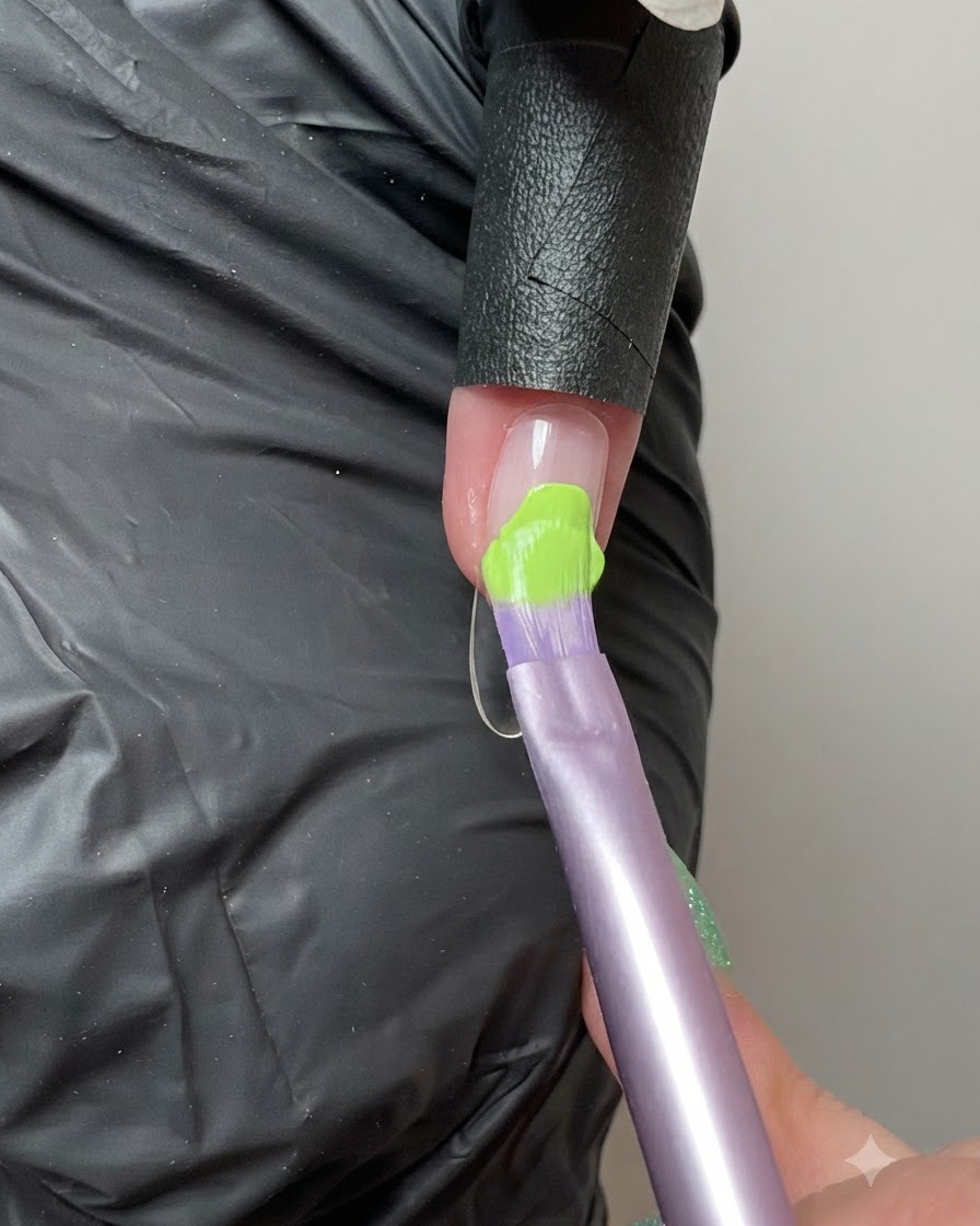 A brush applying vibrant fluorescent green solid gel onto an index fingernail.
