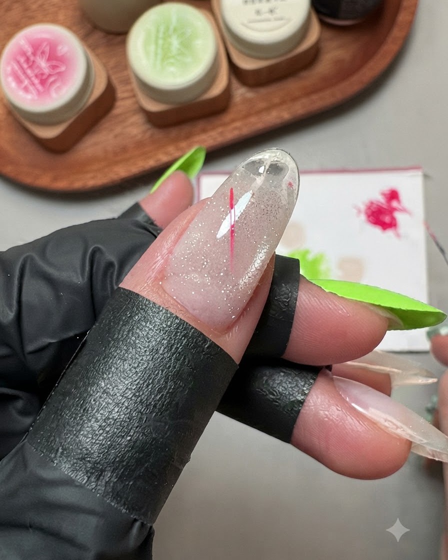 A fine liner brush drawing a thin pink line to form a star on the thumb nail.