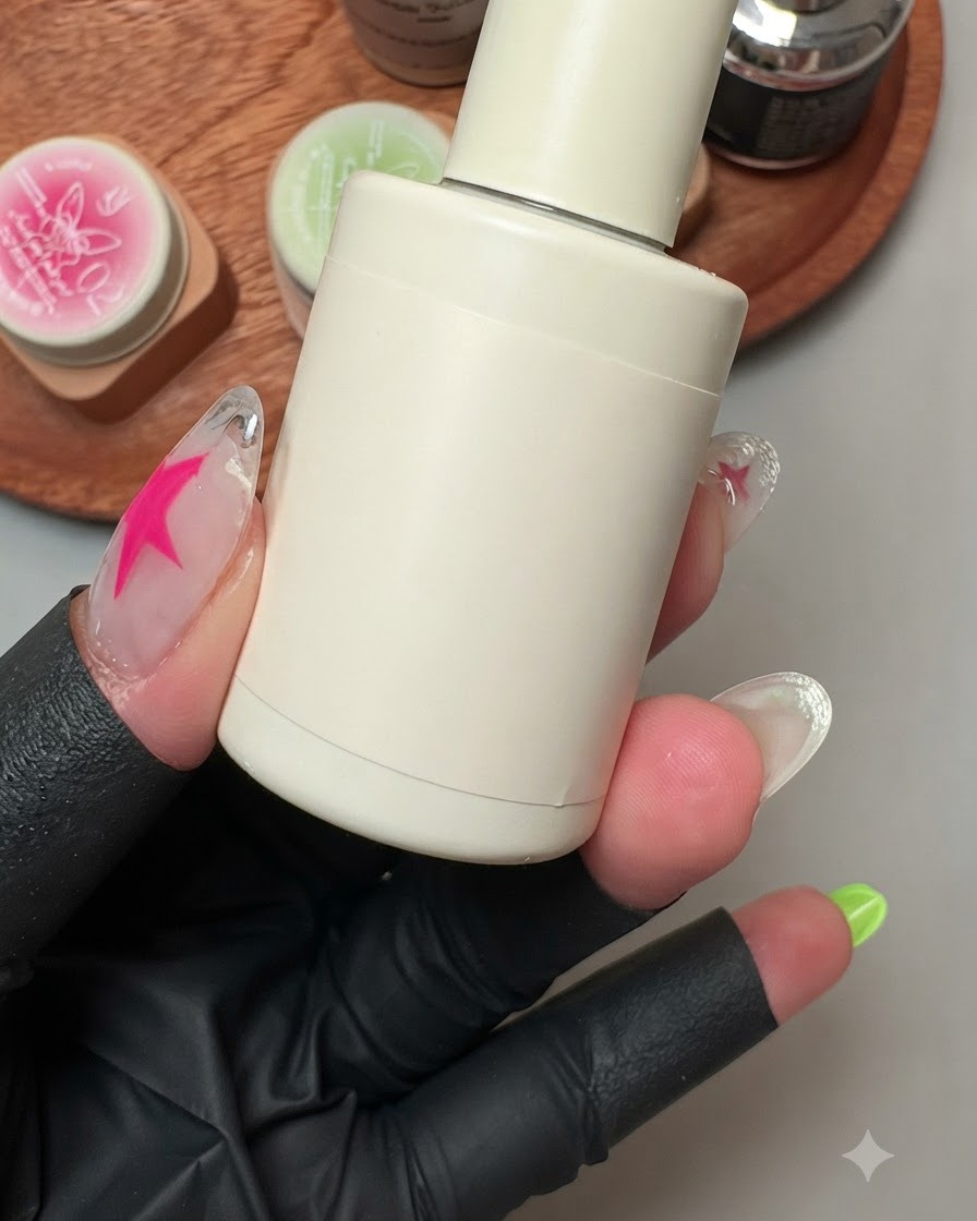 A bottle of white moon builder gel held near decorated nails during application.
