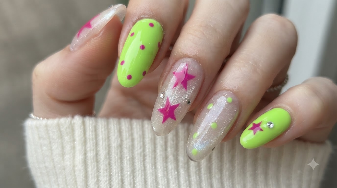 Close-up of vibrant fluorescent green and magenta star Y2K contrast nail art on long almond nails.