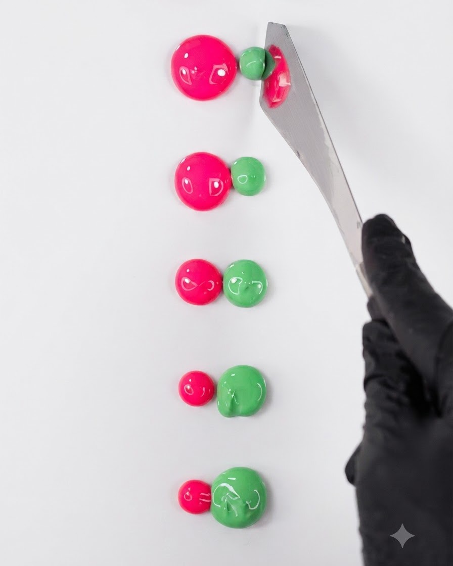 A metal spatula spreading a dollop of neon pink gel polish horizontally on a white palette surface.