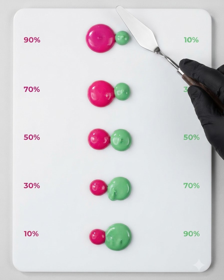 A metal spatula pulling a small trail of neon pink gel down toward a sage green dot.