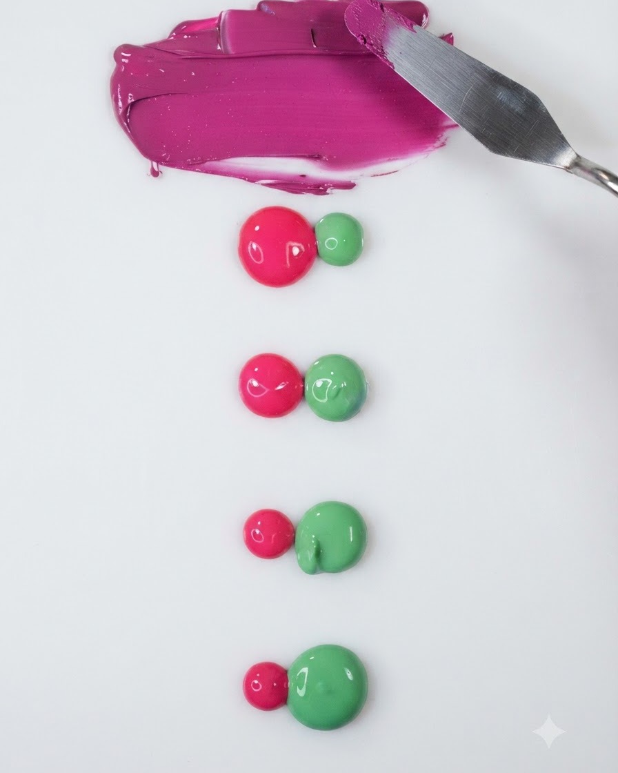 A metal spatula being tapped against a white palette surface next to a freshly spread pink polish swatch.