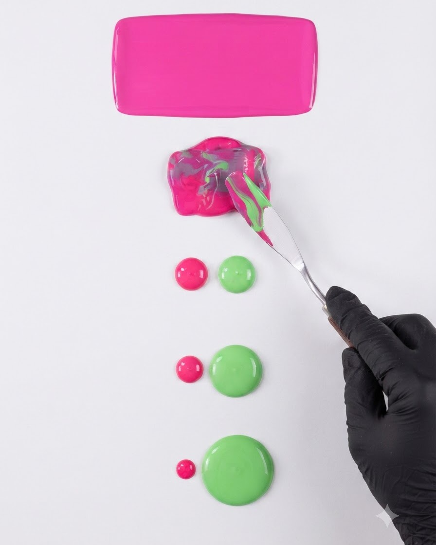 A black-gloved hand using a metal spatula to mix neon pink and sage green gel on a white palette surface.