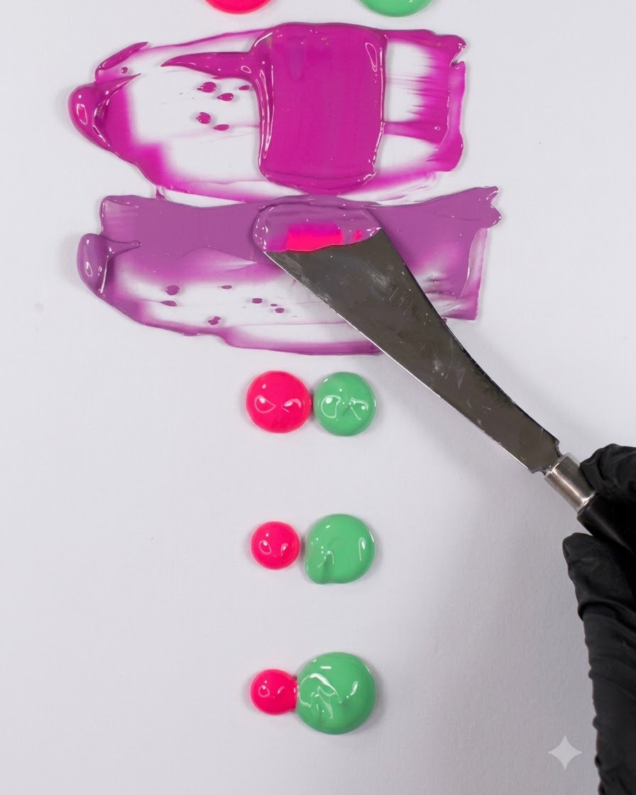 A metal spatula held above a white palette with previous magenta and pink swatches displayed below.