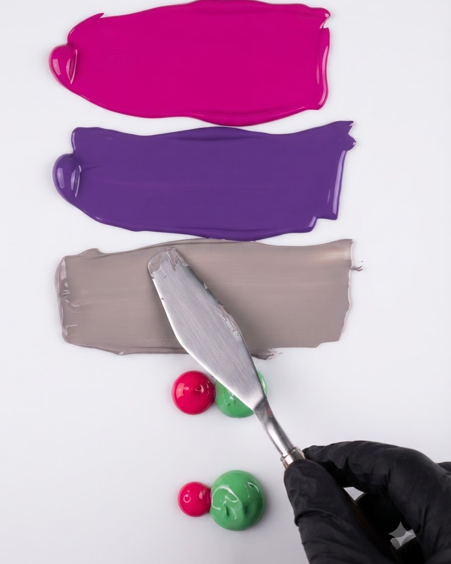 A close-up of a gloved hand holding a metal spatula resting on a clean white surface with previous color swatches above.
