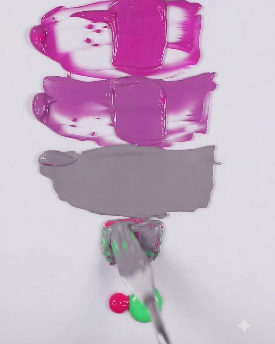 A metal spatula mixing a grayish-taupe gel shade on a white surface below previous purple and pink swatches.