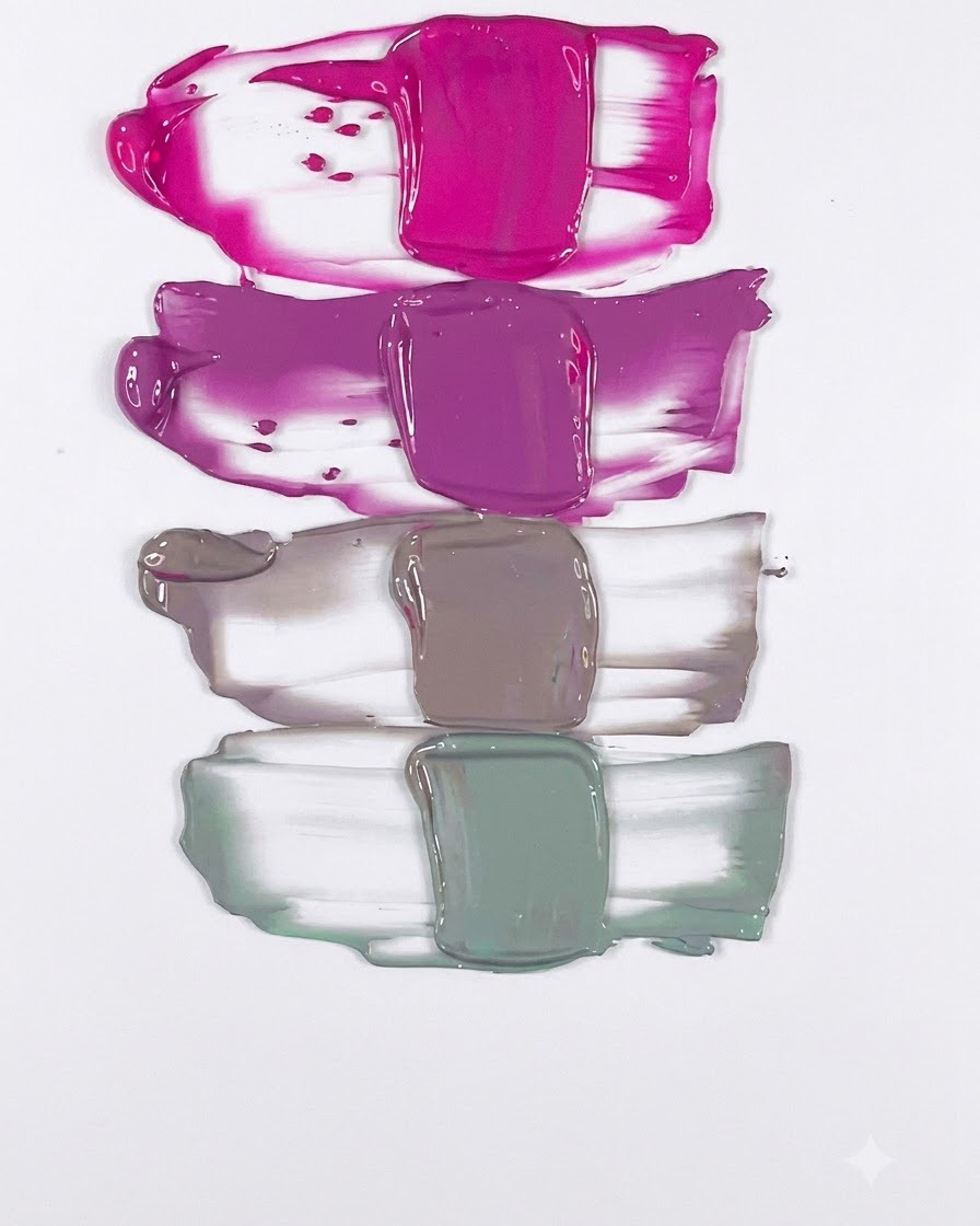 A metal spatula mixing a muted sage green gel shade on a white background with other color rows stacked above.