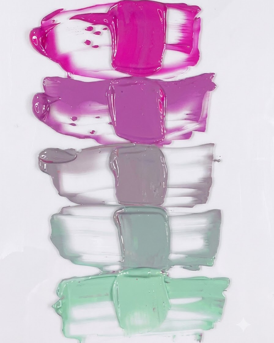 A full vertical color gradient swatch transitioning from pure neon pink down to dusty jade and sage green.