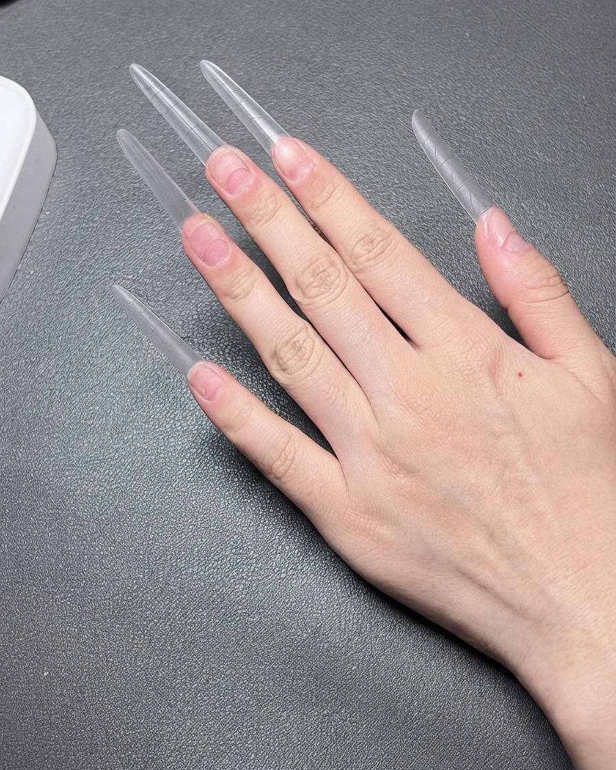 A hand holding a nail clipper over clear long nail extensions to trim their length.