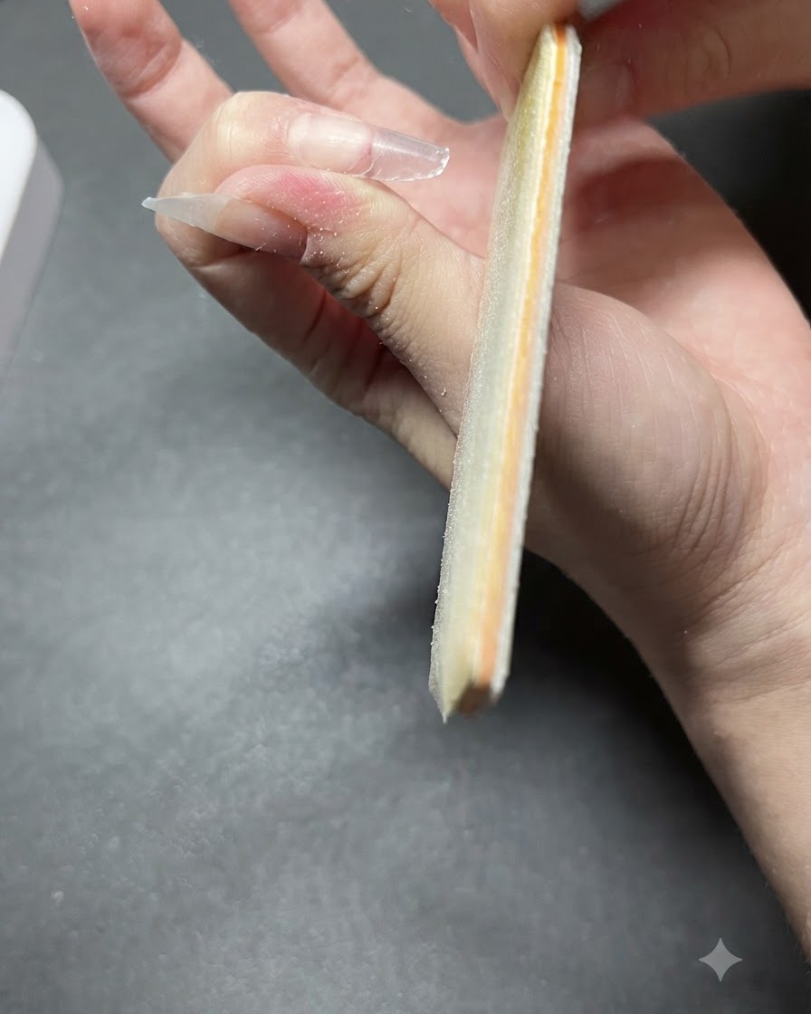 A close-up view of a coarse nail file buffering and shaping the edge of a nail extension.