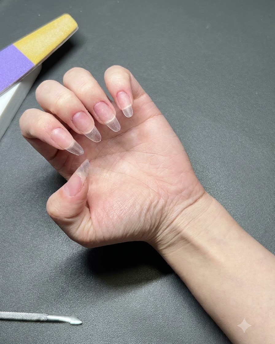 A hand showing prepped clear nail extensions ready for base gel application.