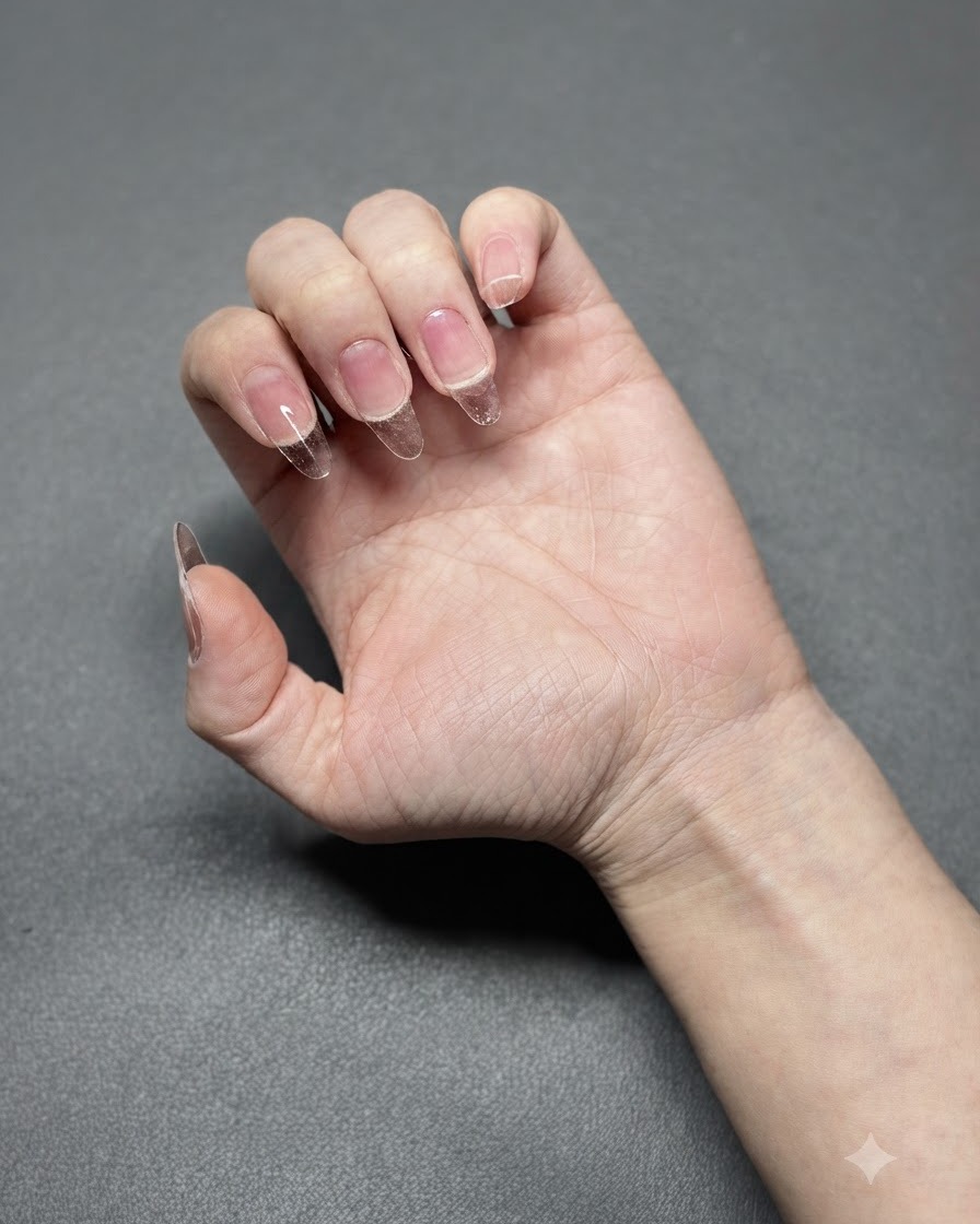 A detailing brush applying building gel onto a clear nail extension.
