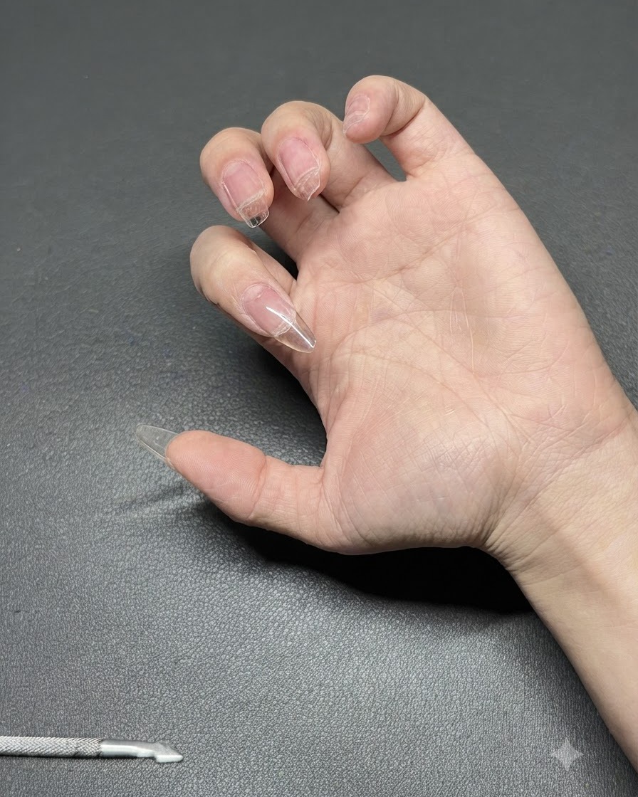 A hand positioned under a portable purple UV light lamp to cure building gel.