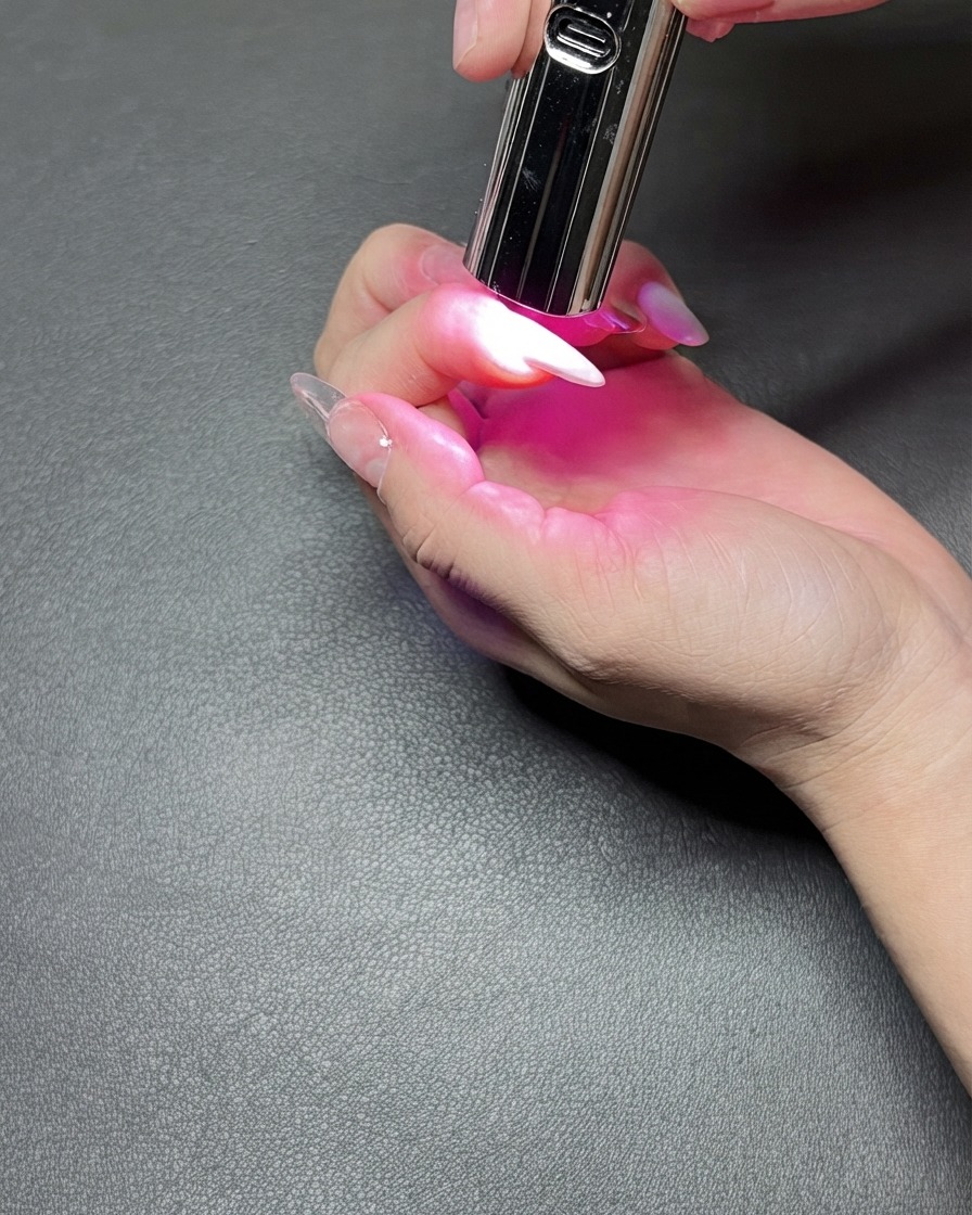 A portable UV lamp held over a single fingernail emitting a bright purple curing light.